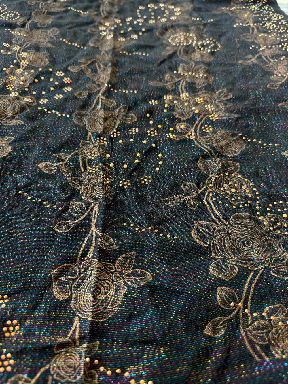 Stunning Black Scarf Shawl Wrap w Metallic Shimmer and Copper Floral Accents